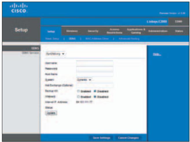 CISCO Pension Version - 1.0.06 Setup Linkages F2000 13999 Setup Wireless Security Access Restrictions Applications & Settings Administration Status Name Setup | ENDS | MAC Address Close | Advanced Setting ENDS 2000 Service Syn rib.org Service: Resource: Host name: System: Dynamics + Host Exchange (External) Backup ID: Disabled Disabled Hobscs: Disabled Disabled Internal IP Address: 84-121-111-17 Status: System Save Settings Cancel Changes Date.