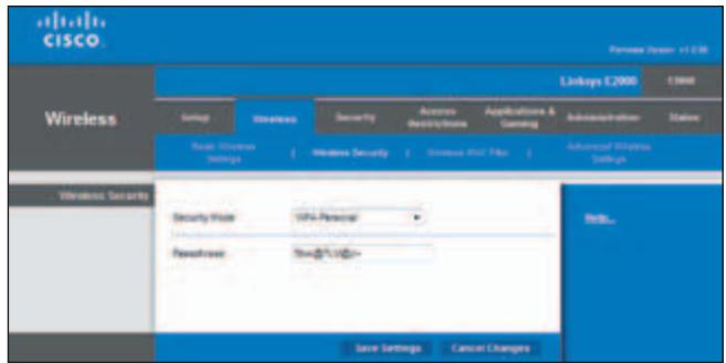 CISCO Wireless Linksys E2008 E1008 Network Group Status Security Access Restrictions Applications & Gaming Administration Status Read Wireless Settings Wireless Security Services Not Files Advanced Wireless Settings Wireless Security Security Rate 10% Personal Passover 5%@1.036> Web... Save Settings Cancel Changes