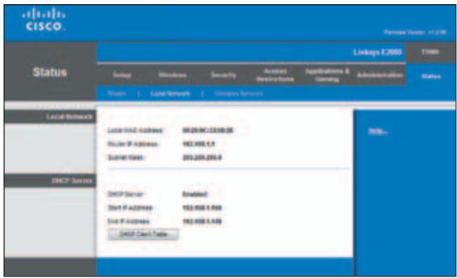 CISCO Perman Server: +1.0 MB Linkages E2000 13MB Status Setup Wireless Security Access Networks Applications & Gaming Administration Status Provider Local Network Windows Network Local Network Local TCP address 86.29.9C-12.00.05 Router IP address 182.458.4.4 Socket Bank 205.205.205.0 DHCP Server DHCP Server Enabled Start IP address 155.458.1.500 End IP address 182.458.1.500 DHCP Check Table...