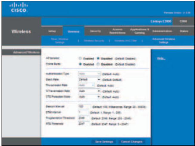CISCO Wireless Linksys E7000 13900 Setup Utilities Security Access Best/Bioles Applications & Gaining Administration Status Name: Windows Settings Enabled Security Impulse HCI Filter Advanced Wireless Settings Advanced Wireless AP Provider Enabled Enabled (Default Disabled) Frame Rate Enabled Enabled (Default Enabled) Authentication Type Auto (Default Auto) Pass Rate Default (Default Default) Transmission Rate Auto (Default Auto) 5 Transmission Rate Auto (Default Auto) STS Protection Rate Auto (Default Auto) Discount Interval 100 (Default 100, Hierarchy Range 20 - 6000) STM Interval 1 (Default 1, Range 1 - 280) Fragmentation Threshold 2349 (Default 2349, Range 265 - 2348) ATS Premium 2347 (Default 2347, Range 5 + 2347) Save Settings Cancel Changes BBL...