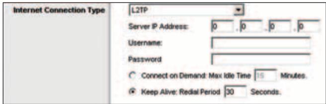 Internet Connection Type L2TP Server IP Address: 0 .0 .0 .0 Username: Password: Connect on Demand: Max Idle Time 15 Minutes. Keep Alive: Redial Period 30 Seconds.