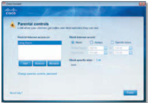 Cisco CISCO Parental controls a call when you choose children get online or email websites they can use Block Internet access pin Long Name Add Remove Remove Block Internet access None Access Specific location Short name Short name Block specific site Name Add Change parental controls assigned Read Help? Finish