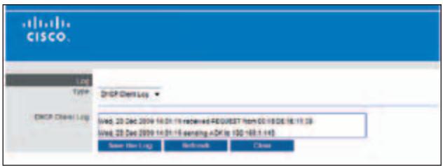 CISCO. Log Type DHCP Cloud Log DHCP-Clavi Log Wed. 23 Dec 2019 14:01:16 received RECUST from 00:18:06 18:15:29 Wed. 23 Dec 2019 14:01:16 sending aDH to ISO-168.1.143 Save Email Log Refresh Close