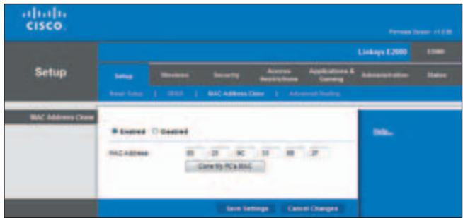 CISCO Linkups E2000 11986 Setup Setup Windows Security Access Applications Applications & Gaming Administration Status Send Setup USB MAC Address Date Advanced Setting MAC Address Close Entered Created MAC Address: 00 - 23 NC 51 88 .27 Done By PCa MAC Save Settings Cancel Changes