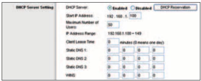 DHCP Server Setting DHCP Server Enabled Disabled DHCP Reservation Start IP Address: 192.160.1.100 Maximum Number of Users: 50 IP Address Range: 192.160.1.100 - 149 Client Lease Time: 0 minutes (0 means one day) Static DNS 1: 0 0 0 0 Static DNS 2: 0 0 0 0 Static DNS 3: 0 0 0 0 VINS: 0 0 0 0
