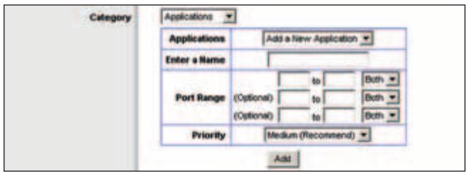 Category Applications Add a New Application Enter a Name Port Range (Optional) to Both (Optional) to Both Priority Medium (Recommend) Add