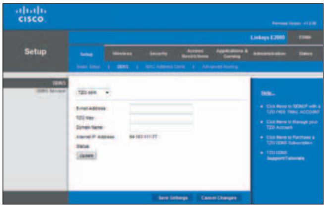 CISCO Penset Version: +1.0.06 Setup Linkages E2000 11988 Setup Wireless Security Access Restrictions/Access & Currency Administration Status Base Setup | 2003 | MAC Address Code | Advanced Shipping T2000 T2000 Service Email Address T20 May Domain Name Internal IP Address 84 103 011.77 Status Access Help... Click Name to SEDGP with a T20 FREE URL ACCOUNT Click Name to Manage your T20 Account Click Name to Purchase a T20 OMEM Subscribers T20 OMEM Support/Tensions Save Settings Cancer Changes