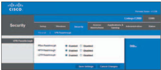CISCO Security Linkups F7000 13980 Settings Wireless Security Access Deployment Applications & Testing Administration Status Financial VPN Feedthrough VPN Feedthrough VPN Feedthrough L2TP Feedthrough Enabled Enabled Enabled Enabled Delete... Save Settings Cancel Changes