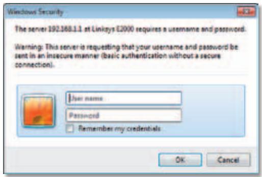 Windows Security The server 192.168.1.1 at Linksys E2000 requires a username and password. Warning: This server is requesting that your username and password be sent in an insecure manner (basic authentication without a secure connection). User name Password Remember my credentials OK Cancel