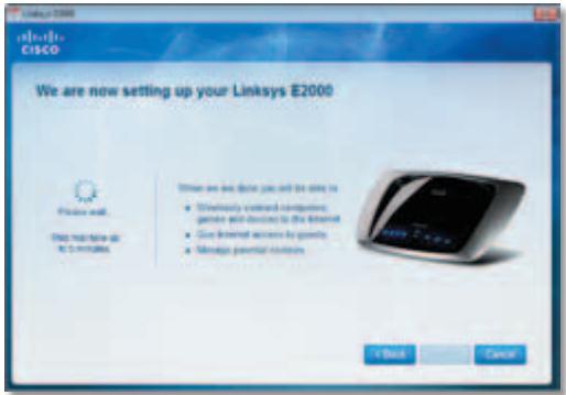 LinkedIn 2000 CISCO We are now setting up your Linksys E2000 Please wait. Next will take up to 3 minutes. Driver are sure you will be ready to • Slowily connected components gages with devices to the Internet • Give Internet access by gamma • Manage cardinal connections + Back Cancel
