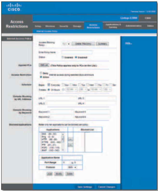 LINKSYS E3000 - Access Restrictions > Internet Access Policy - 1