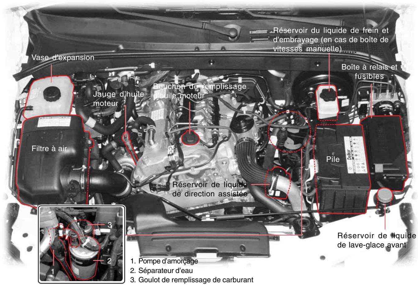 SSANGYONG ACTYON - EMPLACEMENT DES ORGANES DANS LE COMPARTIMENT MOTEUR (Avec Séparateur D'eau Additionnel) - 1