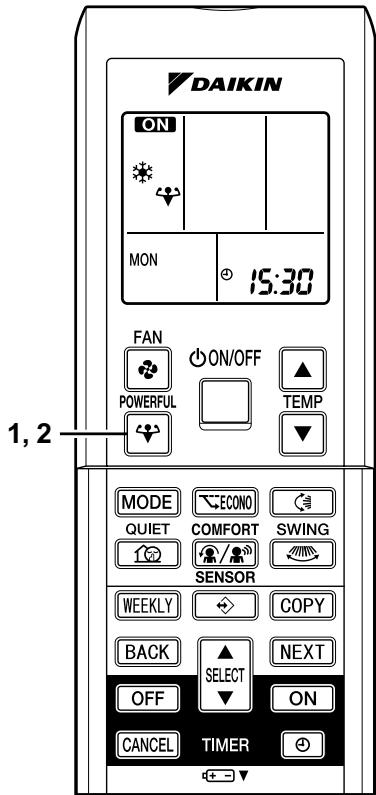 DAIKIN ON MON 15:30 FAN ON/OFF ▲ POWERFUL TEMP MODE ECONO SWING QUIET COMFORT SENSOR WEEKLY COPY BACK SELECT NEXT OFF ON CANCEL TIMER + -▼ 1, 2