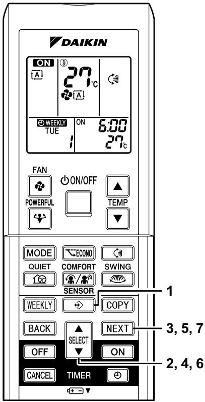 DAIKIN ON A 27°C WEEKLY TUE ON 6:00 27°C FAN POWERFUL ON/OFF TEMP MODE ECONO QUIET COMFORT SWING SENSOR WEEKLY COPY BACK SELECT NEXT OFF ON CANCEL TIMER + - 1 3, 5, 7 2, 4, 6