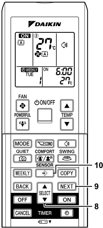 DAIKIN ON A 27°C A WEEKLY TUE ON 6:00 27°C FAN POWERFUL ON/OFF TEMP MODE QUIET ECONO COMFORT SENSOR SWING WEEKLY COPY BACK SELECT OFF ON CANCEL TIMER + - 10 9 8
