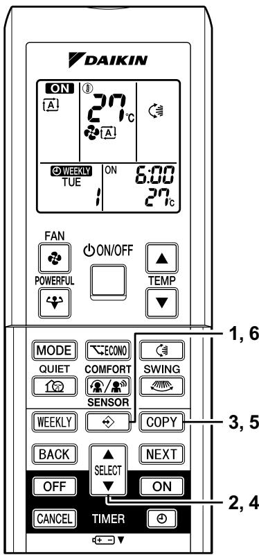 DAIKIN ON 27°C WEEKLY ON 6:00 TUE 27°C FAN ON/OFF POWERFUL TEMP MODE ECONO SWING QUIET COMFORT SENSOR COPY BACK SELECT ON OFF ON CANCEL TIMER 1, 6 3, 5 2, 4