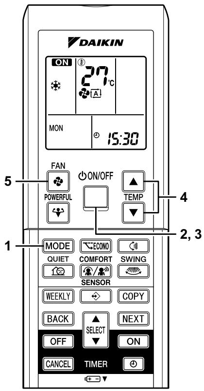 DAIKIN ON 27°C MON 15:30 FAN ON/OFF POWERFUL TEMP MODE ECONO SWING QUIET COMFORT SENSOR COPY WEEKLY NEXT BACK SELECT ON OFF ON CANCEL TIMER 5 4 2, 3 1