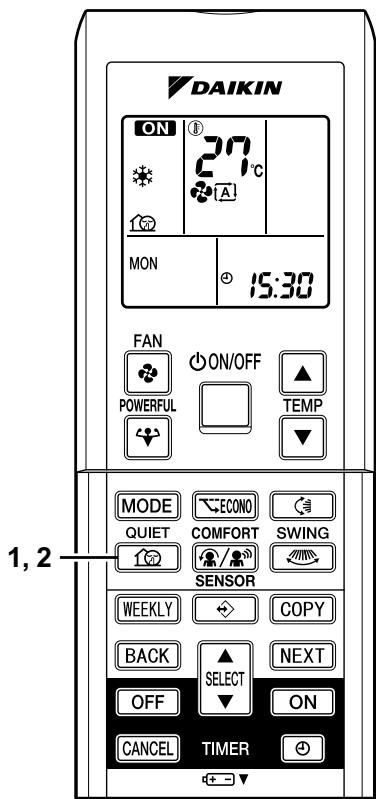 DAIKIN ON 27°C MON 15:30 FAN POWERFUL ON/OFF TEMP MODE QUIET ECONO COMFORT SENSOR SWING WEEKLY COPY BACK SELECT OFF NEXT ON CANCEL TIMER + - ▼ 1, 2
