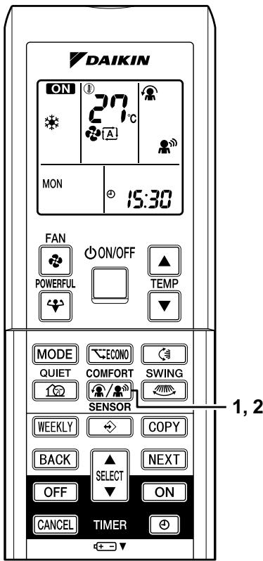 DAIKIN ON 27°C MON 15:30 FAN ON/OFF ▲ POWERFUL MODE ECONO QUIET COMFORT SWING SENSOR WEEKLY COPY BACK ▲ NEXT OFF SELECT ON CANCEL TIMER ① ② 1, 2
