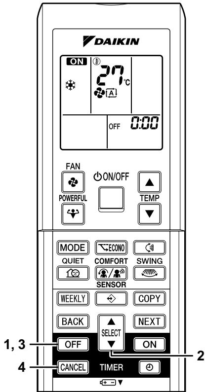 DAIKIN ON 27°C OFF 0:00 FAN ON/OFF POWERFUL TEMP MODE ECONO QUIET COMFORT SWING SENSOR WEEKLY COPY BACK SELECT NEXT OFF ON CANCEL TIMER 1,3 4 2