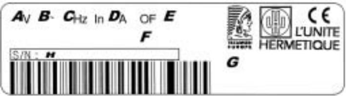A_V B~ C_Hz In D_A OF E F S/N: H G CE L'UNITE HERMETIQUE G