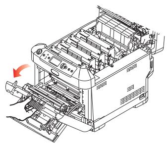 OKI C711DN - Pull down the MP Tray using the depressions. Lift the front cover release lever and lower the front cover. - 2