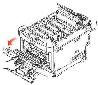 OKI C711DN - Pull down the MP Tray using the depressions. Lift the front cover release lever and lower the front cover. - 2