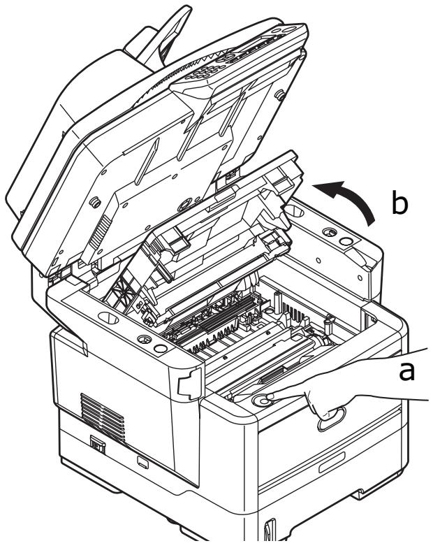 OKI MB480MFP - Appuyez sur le bouton d'ouverture (a), puis ouvrez complètement le capot (b). - 1