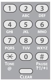 1 2 3 ABC DEF 4 5 6 GHI JKL MNO 7 8 9 PQRS TUVWXYZ × 0 # TONE @ PAUSE ?!/+; CLEAR
