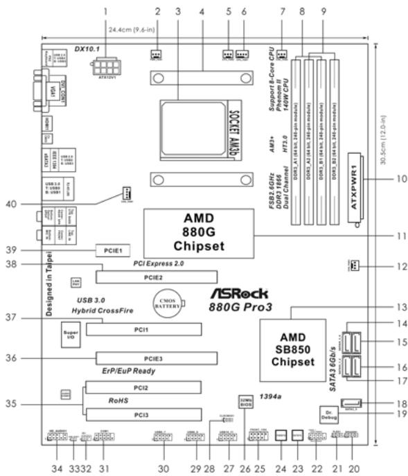 ASROCK 880G PRO3 - Motherboard Layout - 1