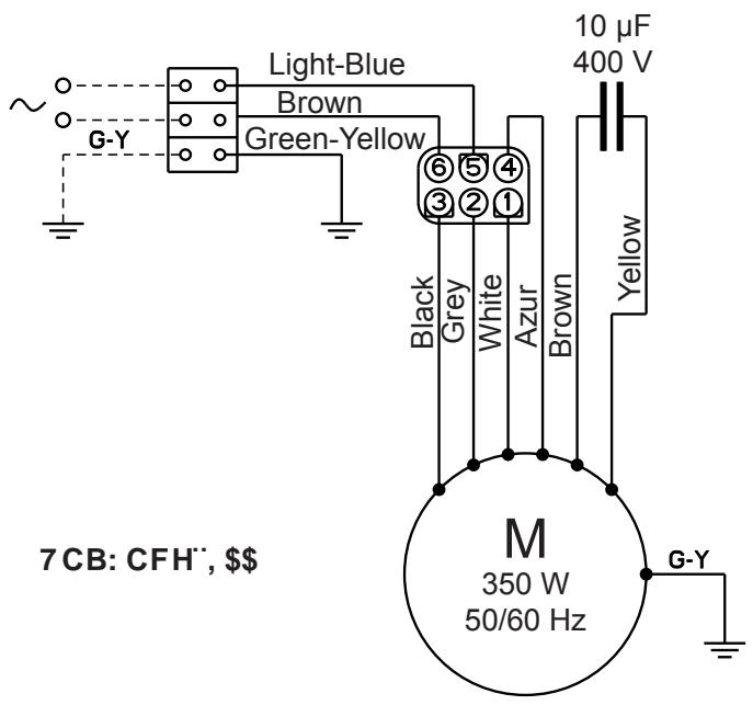 ~○ G-Y Light-Blue Brown Green-Yellow ⑥⑤④ ③②① Black Grey White Azur Brown Yellow 10 μF 400 V M 350 W 50/60 Hz 7 CB: CFH⁻, $$
