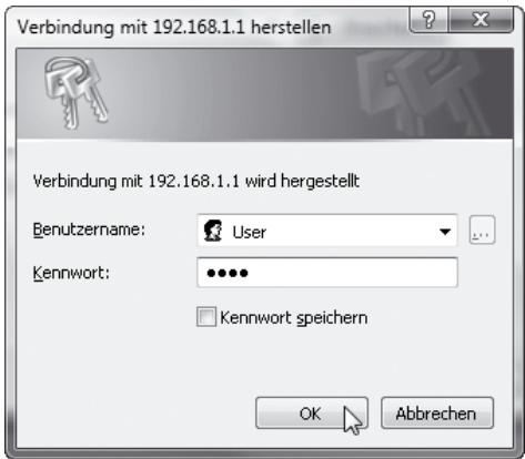 Verbindung mit 192.168.1.1 herstellen Verbindung mit 192.168.1.1 wird hergestellt Benutzername: User Kennwort: ••••• Kenwort speichern OK Abbrechen