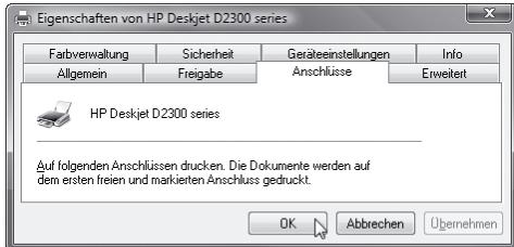 Eigenschaften von HP Deskjet D2300 series Fartverwaltung Sicherheit Geräteinstellungen Info Allgemein Freigabe Anschlüsse Erweitert HP Deskjet D2300 series Auf folgenden Anschlüssen drucken. Die Dokumente werden auf dem ersten freien und markierten Anschluss gedruckt. OK Abbrechen Übernehmen