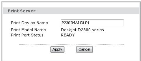 Print Server Print Device Name P2302HMUDLP1 Print Model Name Deskjet D2300 series Print Port Status READY Apply Cancel