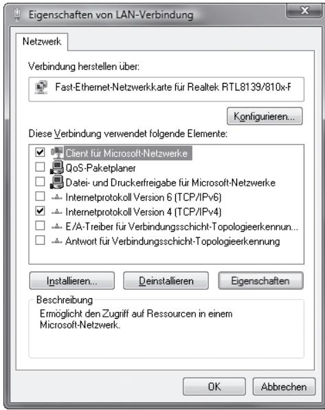 Eigenschaften von LAN-Verbindung Netzwerk Verbindung herstellen über: Fast-Ethernet-Netzwerkkarte für Realtek RTL8139/810x-F Konfigurieren... Diese Verbindung verwendet folgende Elemente: Client für Microsoft-Netzwerke QoS-Paketplaner Datei- und Druckerfreigabe für Microsoft-Netzwerke Internetprotokoll Version 6 (TCP/IPv6) Internetprotokoll Version 4 (TCP/IPv4) E/A-Treiber für Verbindungsschicht-Topologieerkennun... Antwort für Verbindungsschicht-Topologieerkennung Installieren... Deinstallieren Eigenschaften Beschreibung Ermöglicht den Zugriff auf Ressourcen in einem Microsoft-Netzwerk. OK Abbrechen