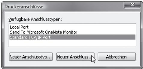 Druckeranschlüsse Verfügbare Anschlusstypen: Local Port Send To Microsoft OneNote Monitor Standard TCP/IP Port Neuer Anschlusstyp... Neuer Anschluss... Abbrechen