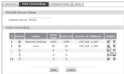 General Port Forwarding Trigger Port ALG Default Server Setup Default Server 0.0.0.0 Port Forwarding Active Name Start Port End Port Server IP Address Modify 1 Remote Desktop 3389 3389 192.168.1.100 2 www 80 80 192.168.1.100 ... ... 11 0 0 0 Edit 0 0 0 Apply Cancel