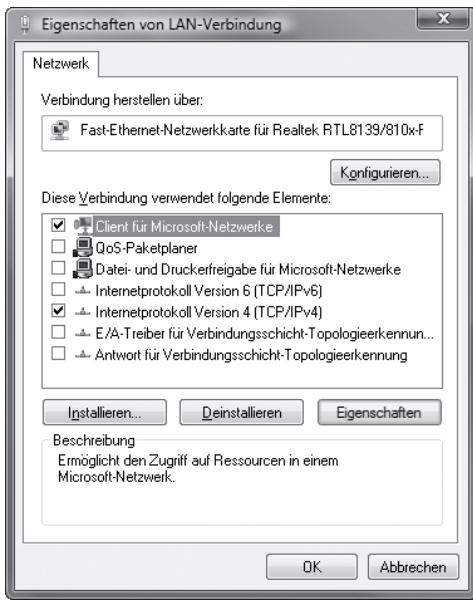 Eigenschaften von LAN-Verbindung Netzwerk Verbindung herstellen über: Fast-Ethernet-Netzwerkkarte für Realtek RTL8139/810xF Konfigurieren... Diese Verbindung verwendet folgende Elemente: Client für Microsoft-Netzwerke QoS-Paketplaner Datei- und Druckerfreigabe für Microsoft-Netzwerke Internetprotokoll Version 6 (TCP/IPv6) Internetprotokoll Version 4 (TCP/IPv4) E/A-Treiber für Verbindungsschicht-Topologieerkennun... Antwort für Verbindungsschicht-Topologieerkennung Installieren... Deinstallieren Eigenschaften Beschreibung Ermöglich den Zugriff auf Ressourcen in einem Microsoft-Netzwerk. OK Abbrechen