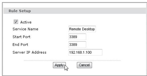 Rule Setup ✓ Active Service Name Remote Desktop Start Port 3389 End Port 3389 Server IP Address 192.168.1.100 Apply Cancel