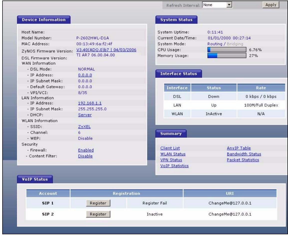 ZYXEL P-2602H-D1A - Status Screen - 1