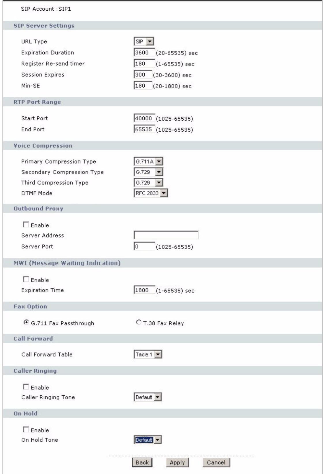 ZYXEL P-2602H-D1A - Advanced SIP Setup Screen - 1