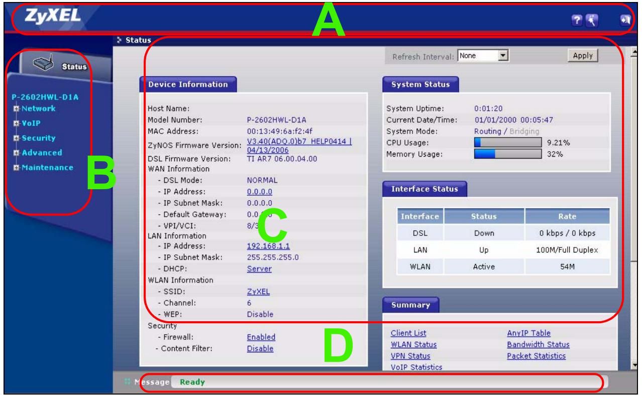 ZYXEL P-2602H-D1A - Web Configurator Main Screen - 1