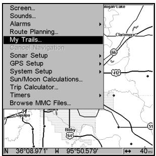 EAGLE SEACHARTER 480DF - Appuyez sur MENU|MENU|↓ jusqu'à MY TRAILS (TRACES) | ENT. - 1