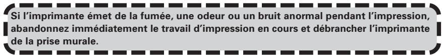 Si l'imprimante émet de la fumée, une odeur ou un bruit anormal pendant l'impression, abandonnez immédiatement le travail d'impression en cours et débrancher l'imprimante de la prise murale.