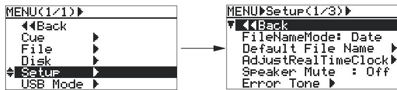FOSTEX FR2 - 1) Sélectionnez "setup" avec la molette [MENU], puis appuyez sur la touche [ENTER]. - 1
