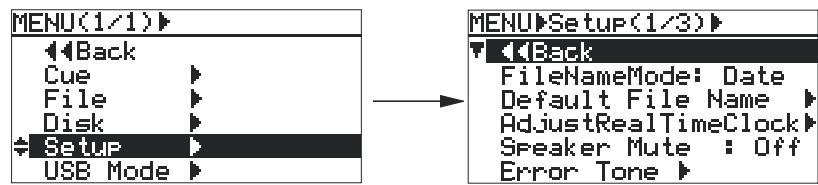 FOSTEX FR2 - 1) Sélectionnez "setup" avec la molette [MENU], puis appuyez sur la touche [ENTER]. - 1