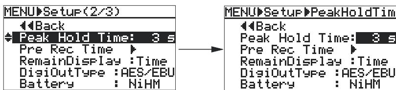 FOSTEX FR2 - 2) Sélectionnez "peak hold time" dans la deuxième page, avec la molette [MENU], puis appuyez sur [ENTER]. - 1