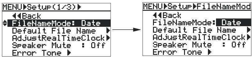 FOSTEX FR2 - 2) Sélectionnez "filenamemode" avec la molette [MENU], puis appuyez sur [ENTER]. - 1