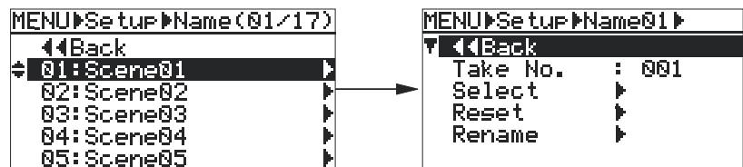 FOSTEX FR2 - 3) Sélectionnez le nom de scène désiré avec la molette [MENU], puis validez par [ENTER. - 1