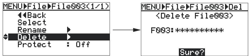 FOSTEX FR2 - 3) Avec la molette [MENU], sélectionnez "delete" puis appuyez sur la touche [ENTER]. - 1